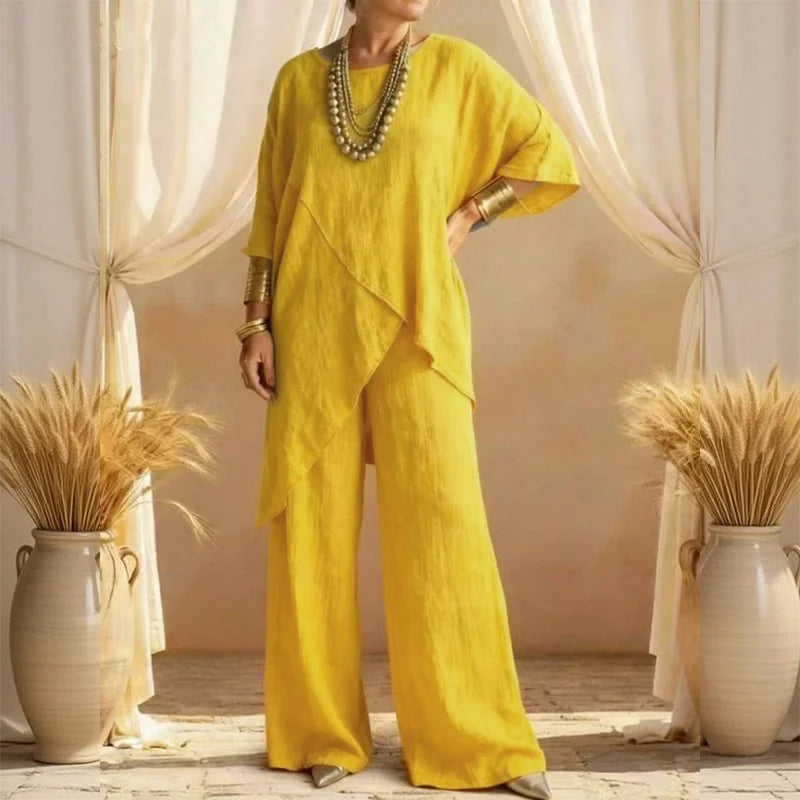 Cardydony Women's Comfy Linen Blend Flowy Double Layer Design Top And Pants Two-piece Set