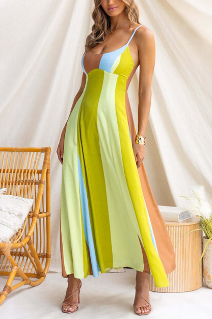 Cardydony Women's Linen Blend Color-blocked Print Suspender Sleeveless Casual Pocket Maxi Dress