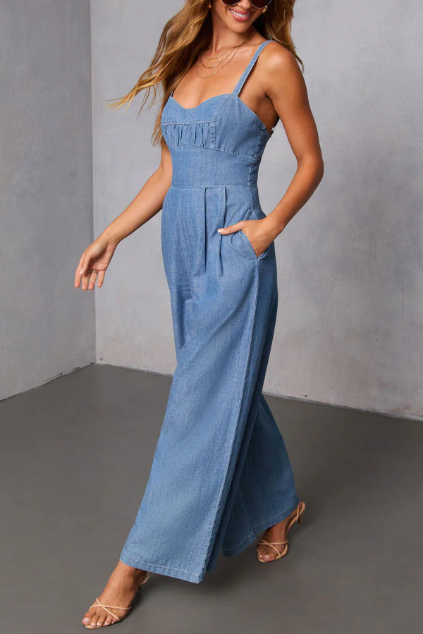 Cardydony Women's Solid Color Sleeveless Backless Casual Pocket Faux Denim Wide-leg Jumpsuit