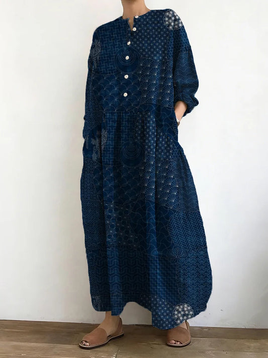 Cardydony Vintage Japanese Traditional Sashiko Art Linen Maxi Dress