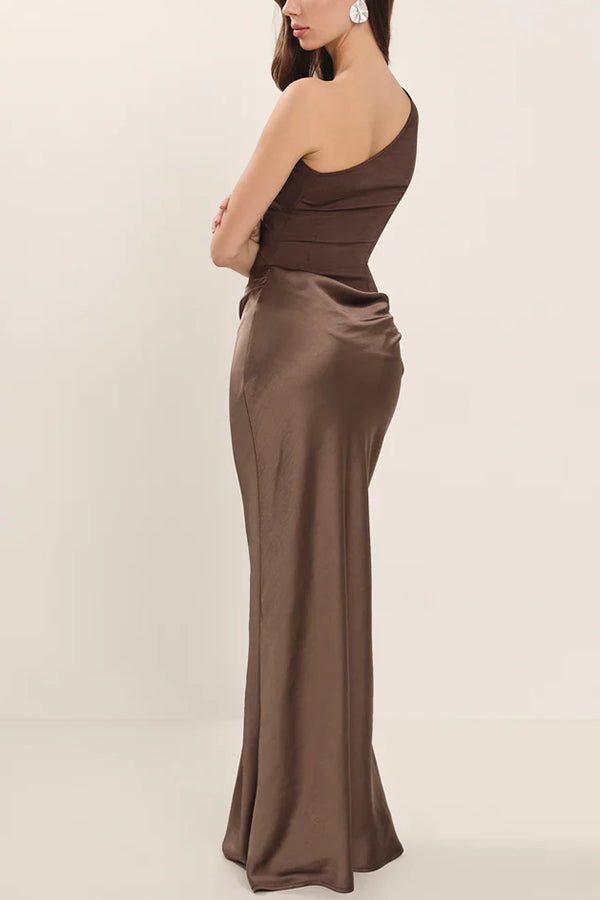 Cardydony Women's Kaia Satin Contrast Fabric Patchwork One Shoulder Ruched Maxi Dress