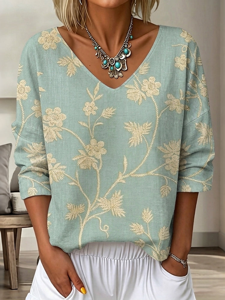 Cardydony Women's Vintage Floral Art Print Flowy Linen Blend Three-quarter Sleeve V Neck Linen Tops