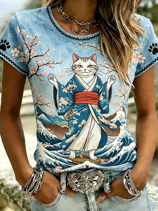 Cardydony Japanese Art Cat Pattern Casual Washed T-shirt