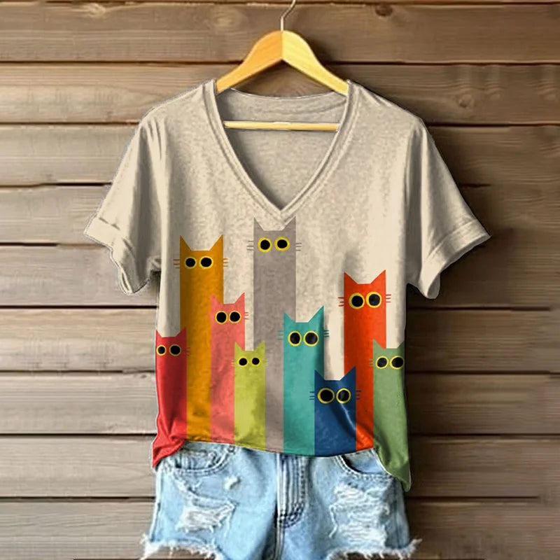 Cardydony Women's Colorful Cats Art Print T-shirt
