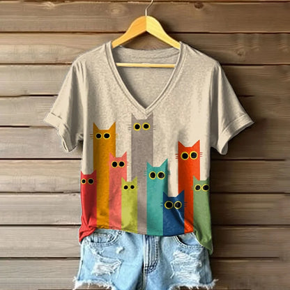 Cardydony Women's Colorful Cats Art Print T-shirt
