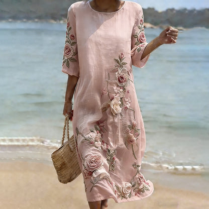 Cardydony Vintage Floral Art Pattern Linen Blend Loose Three-quarter Sleeve Dress
