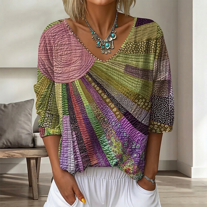 Cardydony Women's Vintage Floral In Gradient Art Print Flowy Linen Blend Three-quarter Sleeve V Neck Linen Tops