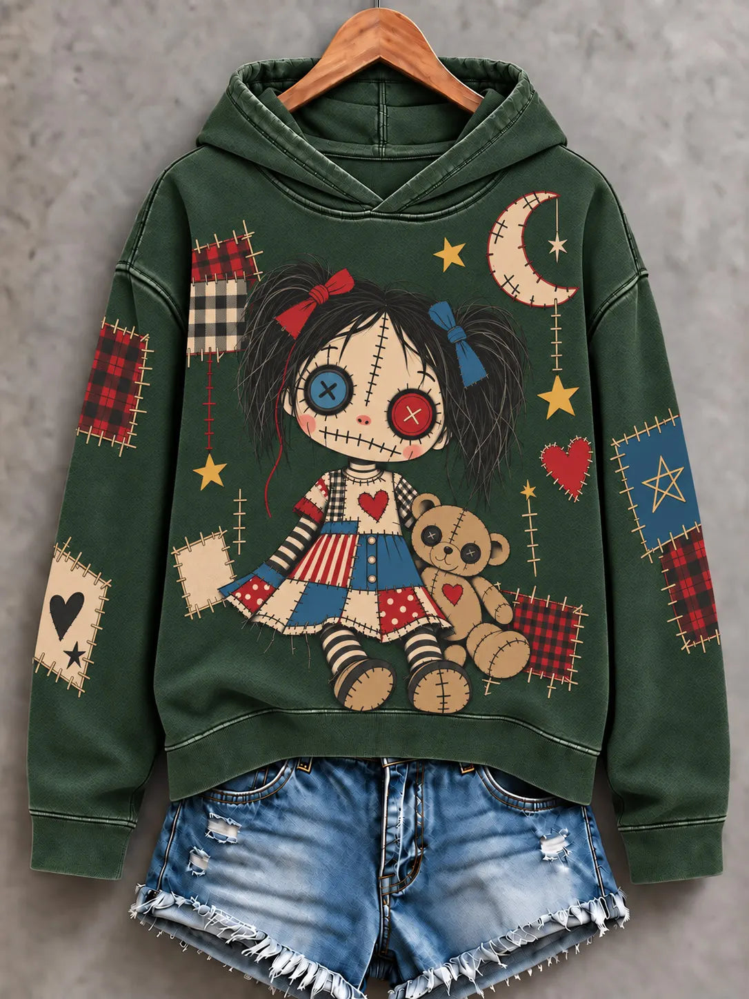 Cardydony Women's Halloween Patchwork Doll Art Print Hoodie