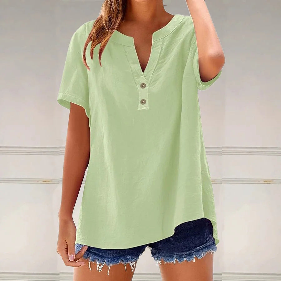 Cardydony Solid Color Linen Blended V-neck Loose Blouse