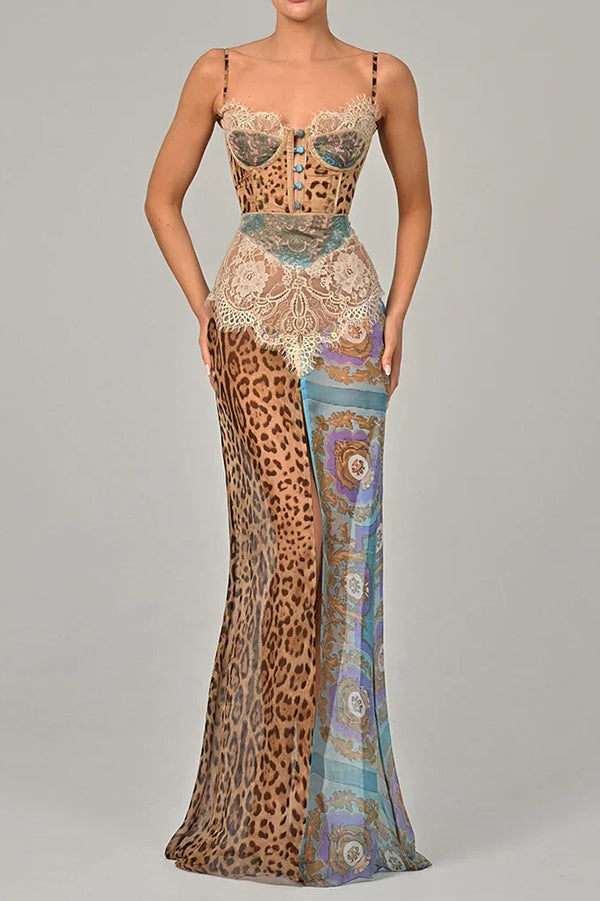 Cardydony Women's Chiffon Leopard Print Sexy Lace Splicing High Slit Slim Maxi Dress