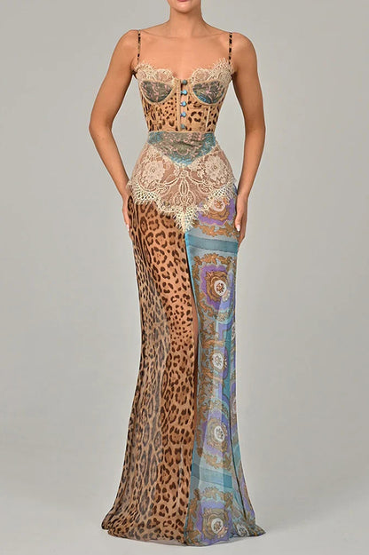 Cardydony Women's Chiffon Leopard Print Sexy Lace Splicing High Slit Slim Maxi Dress