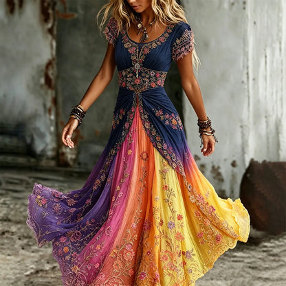 Cardydony Women's Ethnic Floral Gradient Pattern Comfortable Round Neck Dress