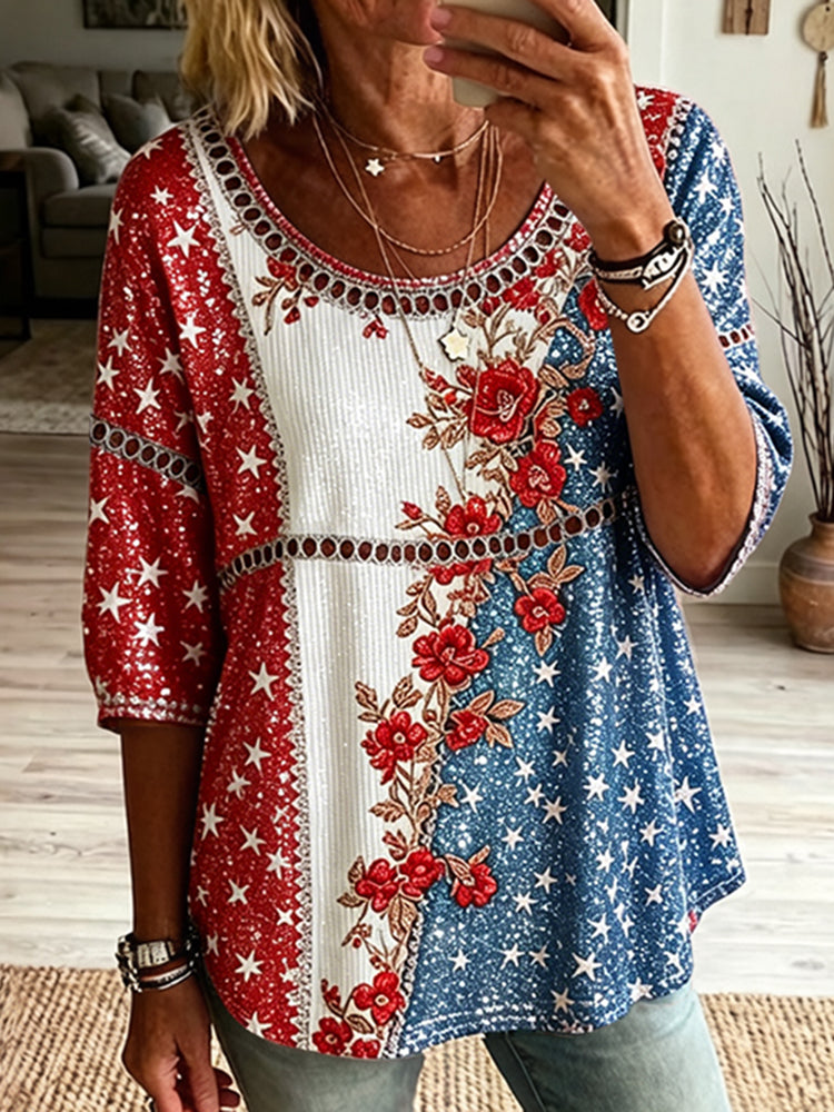 Cardydony Women's Vintage Independence Day And Floral Art Flowy Linen Blend Three Quarter Sleeves T-shirt