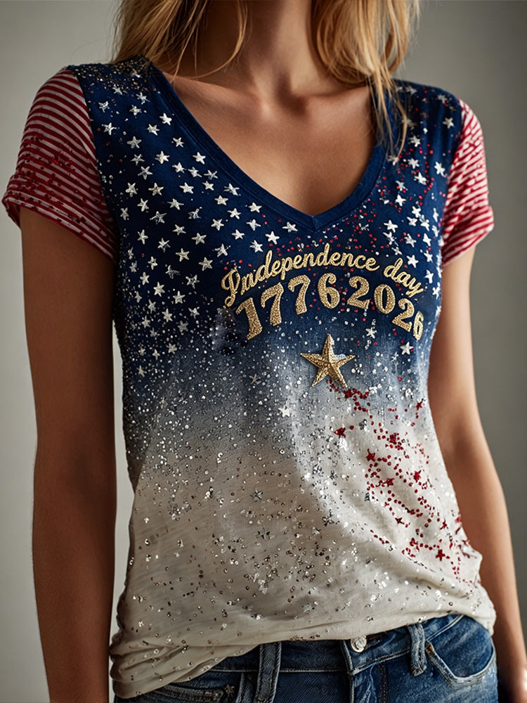 Cardydony 1776-2026 Independence Day Sparkle Ombre Sequin Tee