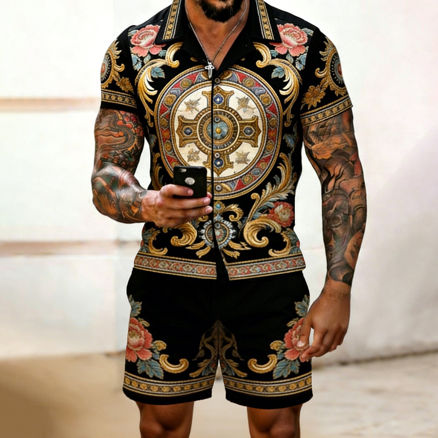 Cardydony Men's Fashion Floral Pattern Cuban Shirt And Shorts Two-piece Set