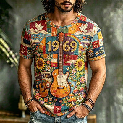 Cardydony Men's Retro Hippie Peace Logo Floral Guitar Patchwork Print T-shirt