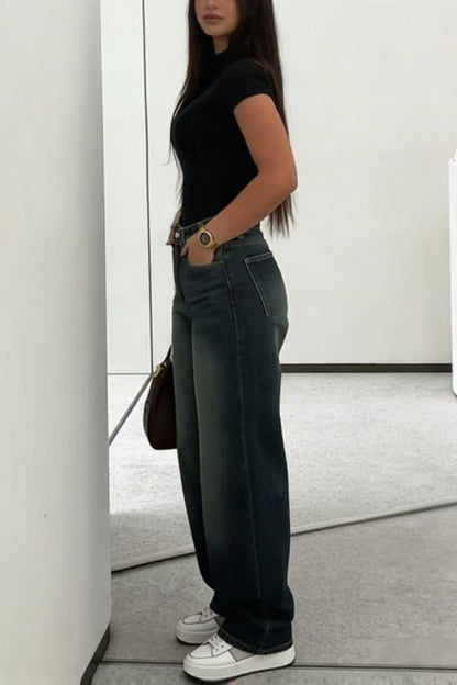 Cardydony Women's  Stylish High-waisted Loose-fitting Pocket Casual Straight-leg Wide-leg Jeans
