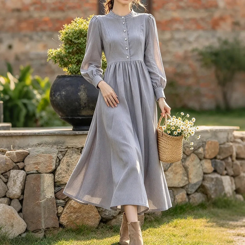 Cardydony Women's Vintage Solid Stand Collar Button Front A-Line Maxi Dress