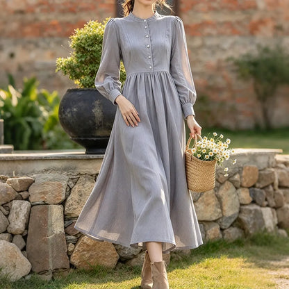Cardydony Women's Vintage Solid Stand Collar Button Front A-Line Maxi Dress