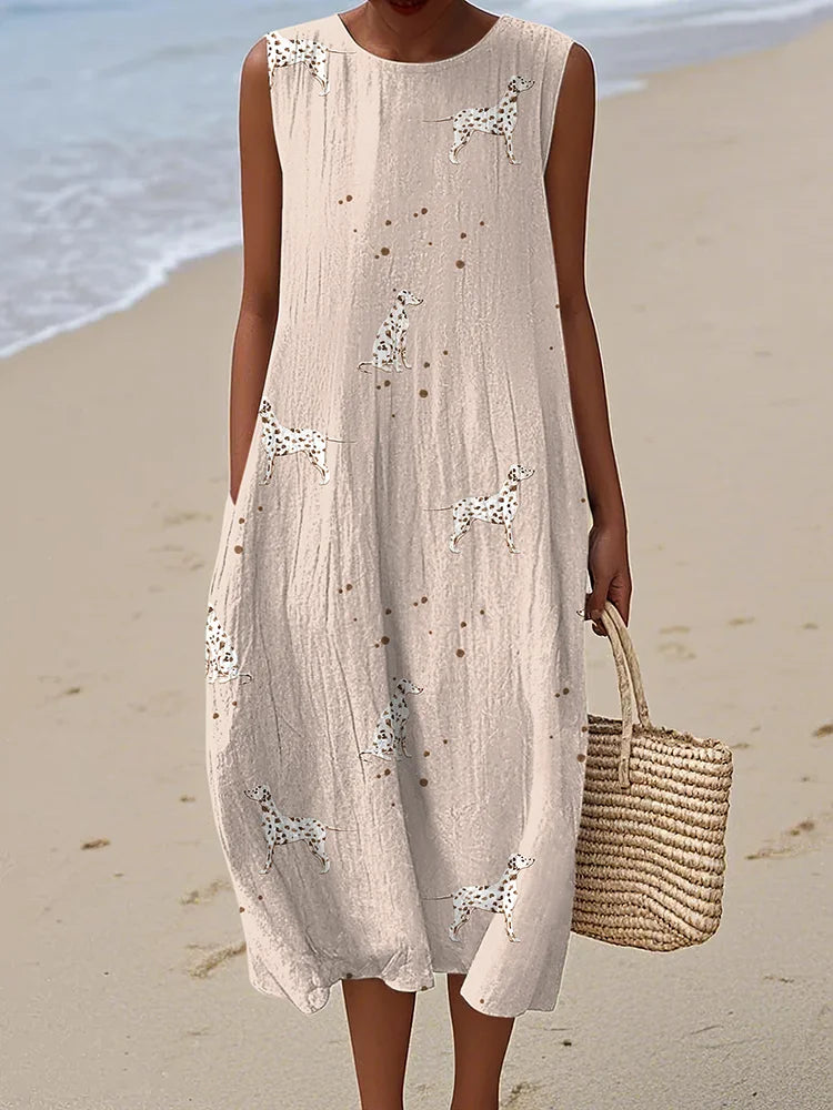 Cardydony Retro Cute Dalmatian Dog Art Linen Tank Midi Dress