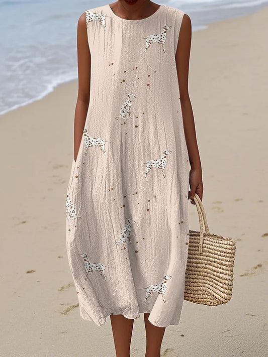 Cardydony Retro Cute Dalmatian Dog Art Linen Tank Midi Dress