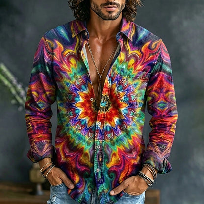 Cardydony Men's Colorful Hippie Abstract Flower Kaleidoscope Print Long Sleeve Shirt