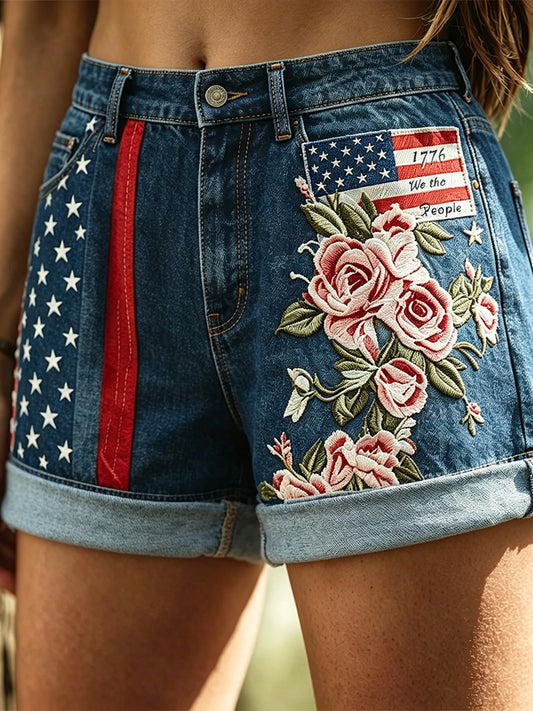 Cardydony Vintage Denim American Flag & Rose Embroidered Shorts