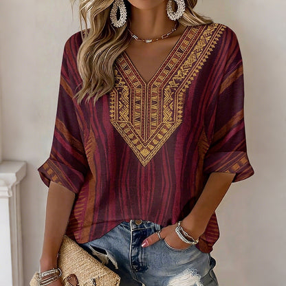 Cardydony Women's Retro Ethnic Striped Casual Long-sleeve T-shirt