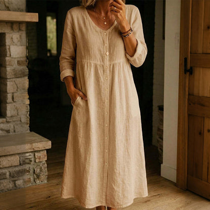 Cardydony Women's Solid Color Buttons Linen Blend Maxi Dress