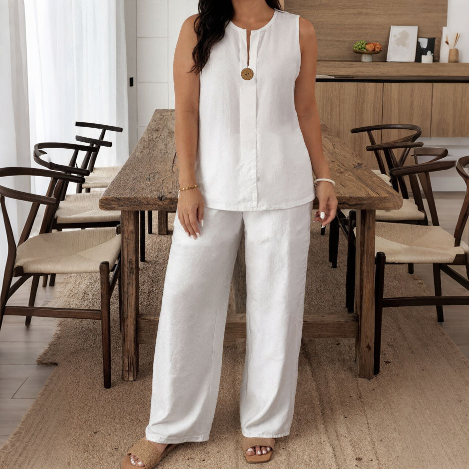 Cardydony Loose Top Casual Wide Leg Pants Linen Two Piece Set