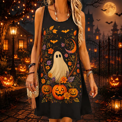 Cardydony Women's Sleeveless Scoop Neck Halloween Tank Dress Featuring Cute Ghost, Jack-o'-lanterns, And Autumn Floral Wreath