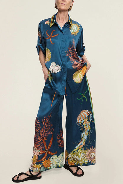 Cardydony Women's Linen Blend Unique Print Lapel Short Sleeve Shirt and Elastic Waist Loose Pocket Wide Leg Pants Set