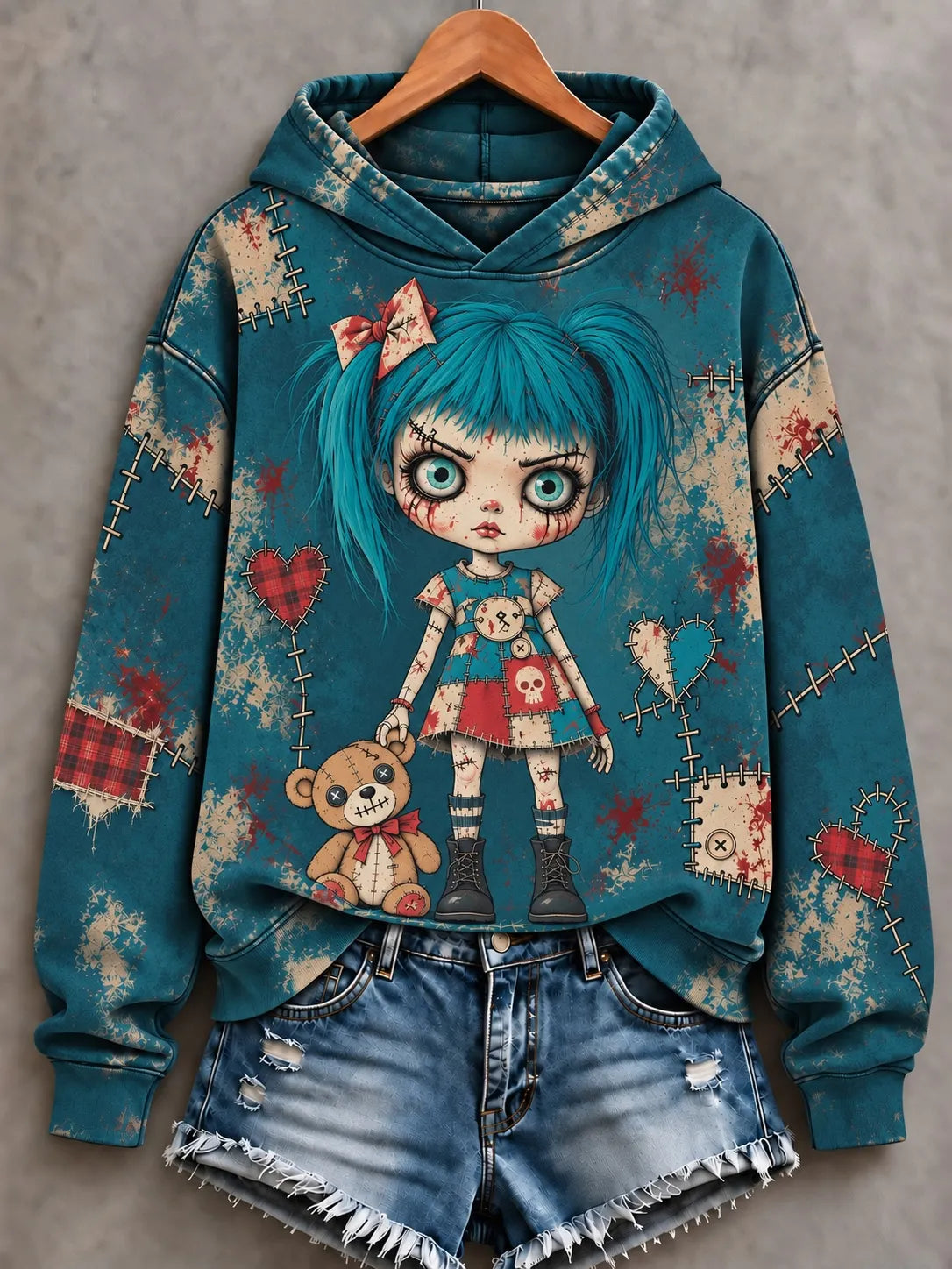 Cardydony Women's Halloween Patchwork Doll Art Print Hoodie