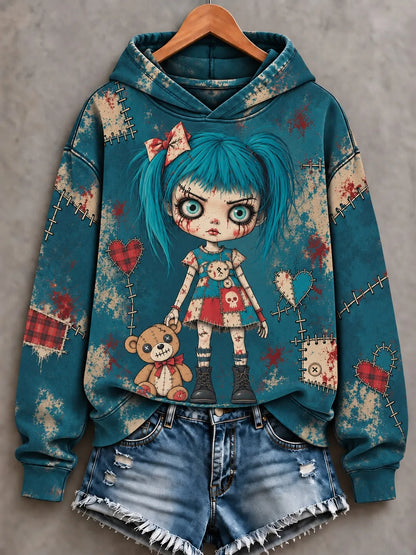 Cardydony Women's Halloween Patchwork Doll Art Print Hoodie