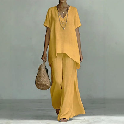Cardydony Linen V-neck Short-sleeved Loose Top And Wide-leg Pants Two-piece Set