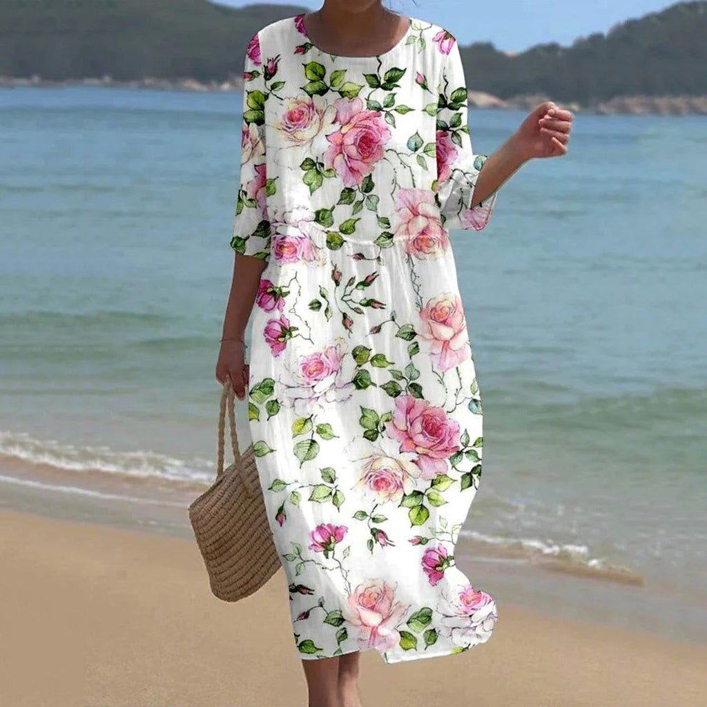 Cardydony Women's Vintage Floral Art Linen Blend Loose Linen Dress
