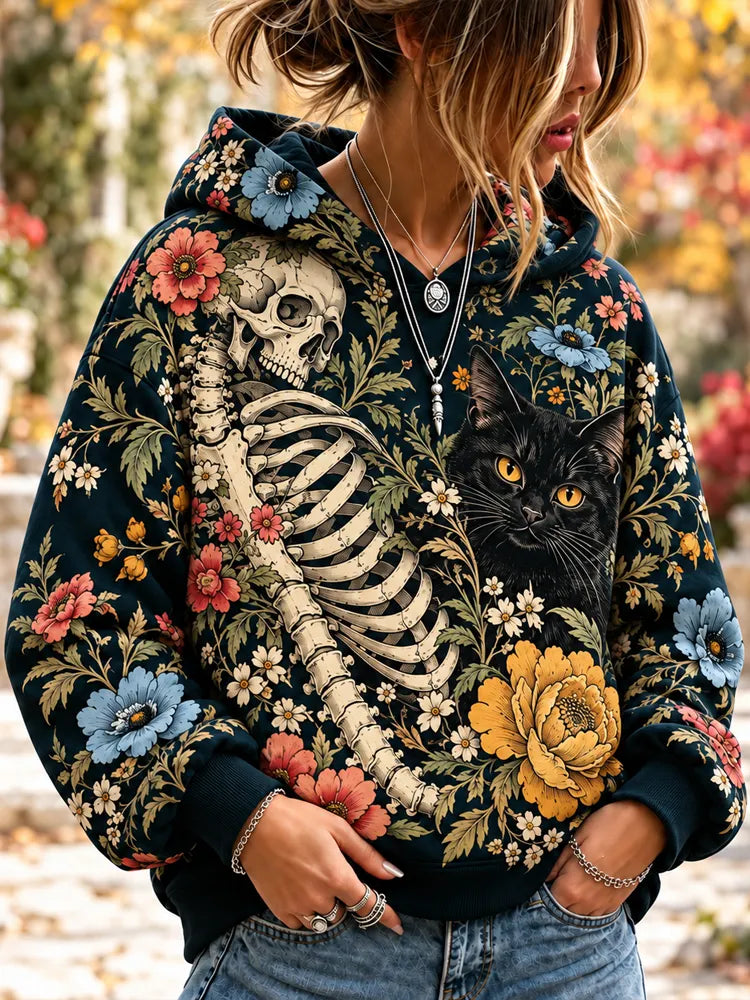 Cardydony Women's Floral Skeleton And Black Cat Print Hoodie