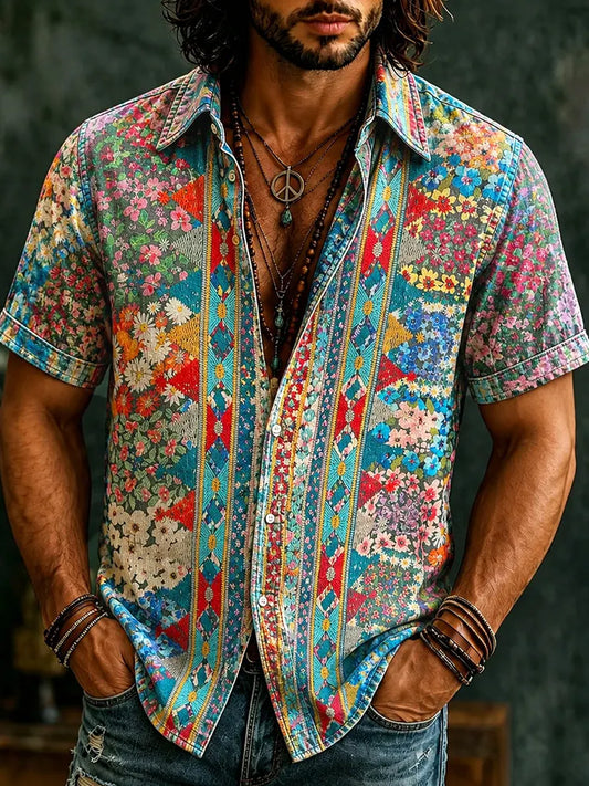 Comstylish Men's Retro Hippie Ethnic Geometry With Floral Graffiti Art Pattern Casual Washed Shirt