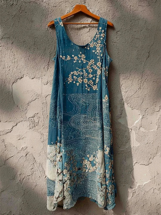 Cardydony Almond Blossom Sea Waves Japanese Art Linen Tank Dress