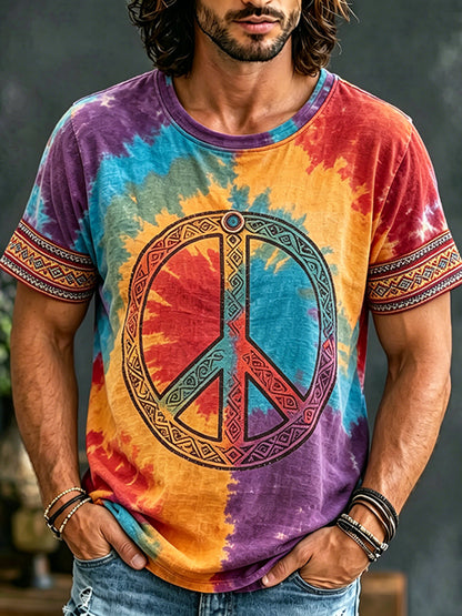Cardydony Men's Tie-dye Retro Ethnic Print Crew Neck Short Sleeve T-shirt