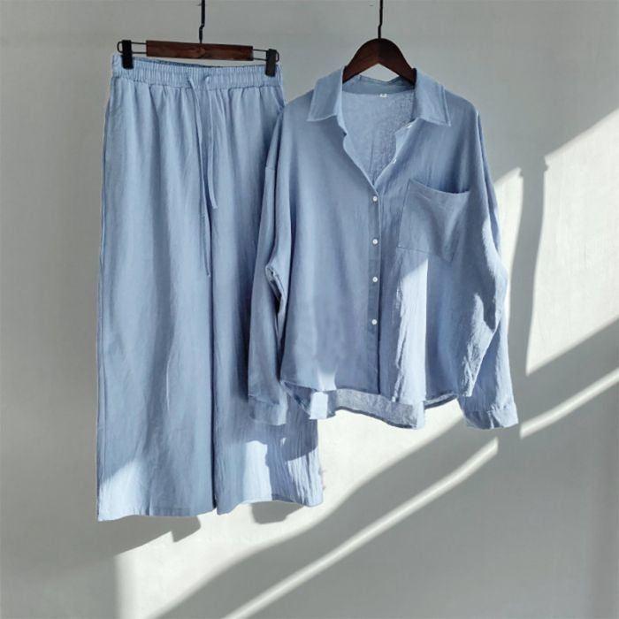 Cardydony Women's Vintage Flower Embroidery Cotton Linen Shirt And Pants Two-piece Set