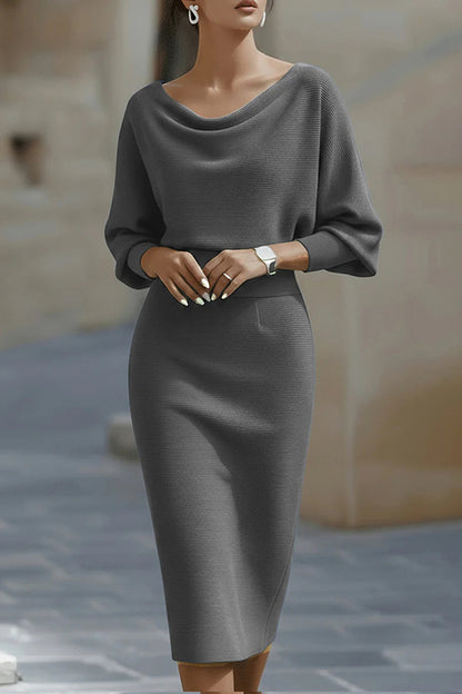 Cardydony Women's Solid Color Batwing Sleeve Fitted Waist Elegant Midi Dress