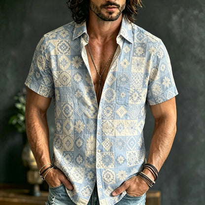 Cardydony Men's Boho Patchwork Floral Print Hippie Cotton And Linen Comfortable Short Sleeve Shirt