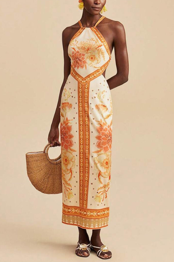 Cardydony Women's  Floral Print Sleeveless Backless Tie Slim-fit Vacation Maxi Dress