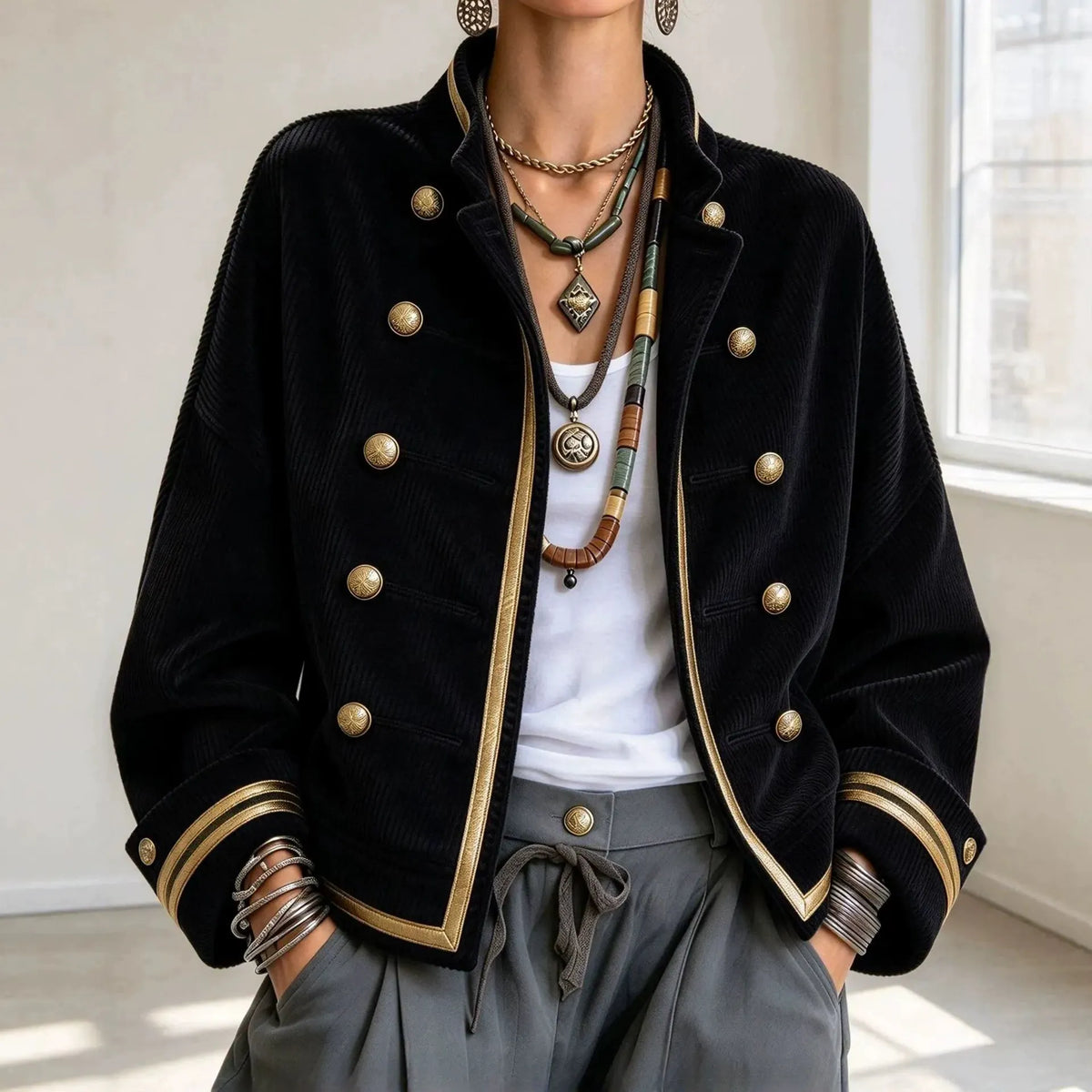 Cardydony Women's Fall Winter Cozy Napoleonic Stand-up Collar Gold Trim Double-breasted Button Corduroy Jacket
