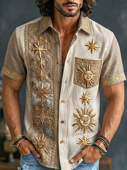 Cardydony Men's Retro Sun And Star Printed Short Sleeve Shirt