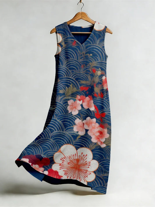 Cardydony Japanese Floral Art V Neck Flowy Linen Midi Dress