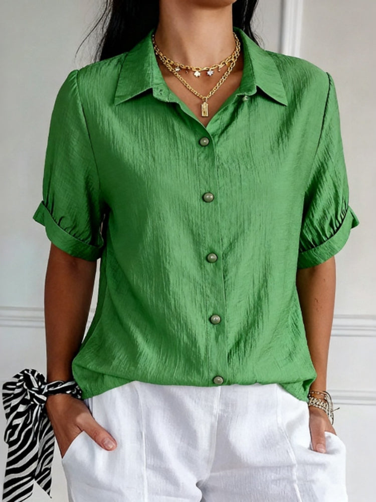 Cardydony Women's Solid Color Button Blend Loose Short Sleeve Shirt