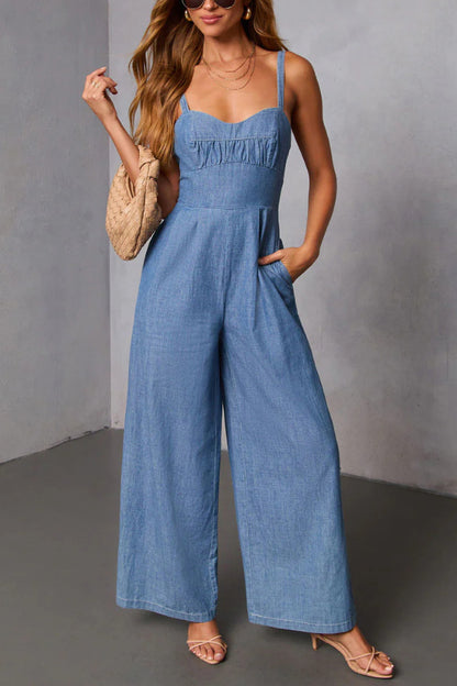 Cardydony Women's Solid Color Sleeveless Backless Casual Pocket Faux Denim Wide-leg Jumpsuit