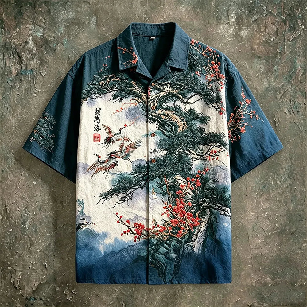 Cardydony Japanese Ukiyo-e Pine Crane Plum Blossom Linen Short Sleeve Camp Collar Shirt, Oriental Ink Wash Landscape Print Button Down Summer Shirt